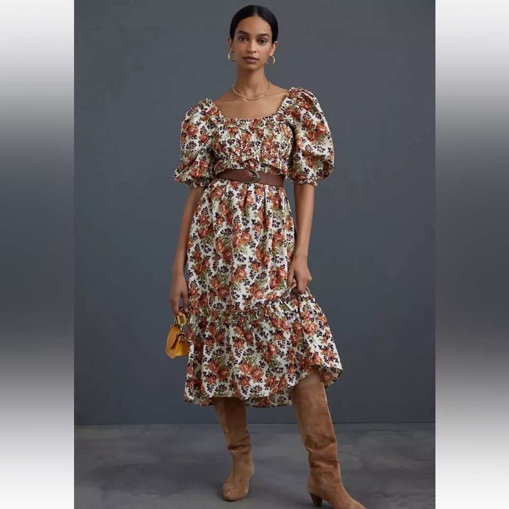Anthropologie Love the Label Fall Floral Puff Sleeve Midi Dress Brown Cream M - Picture 14 of 14